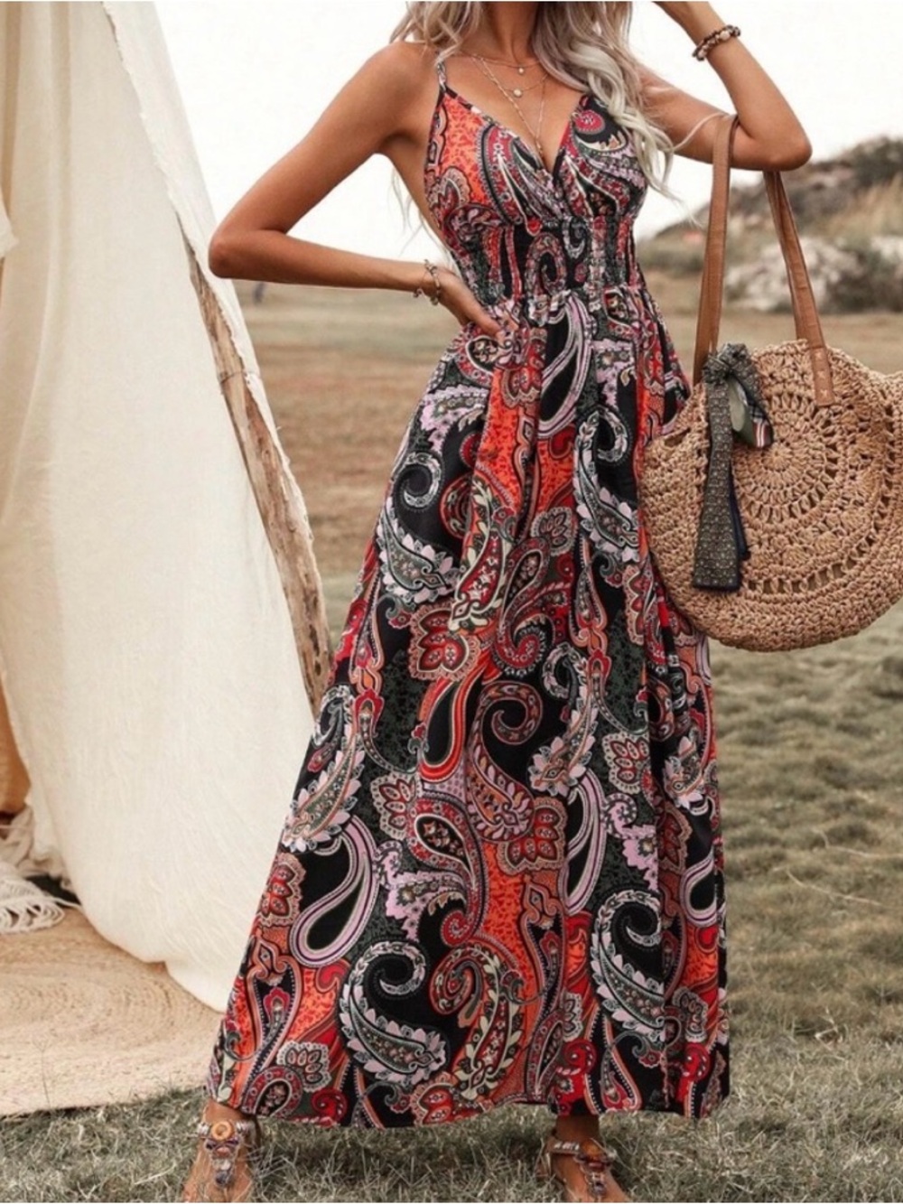 Boho Paisley Print Shirred Cami Maxi Dress